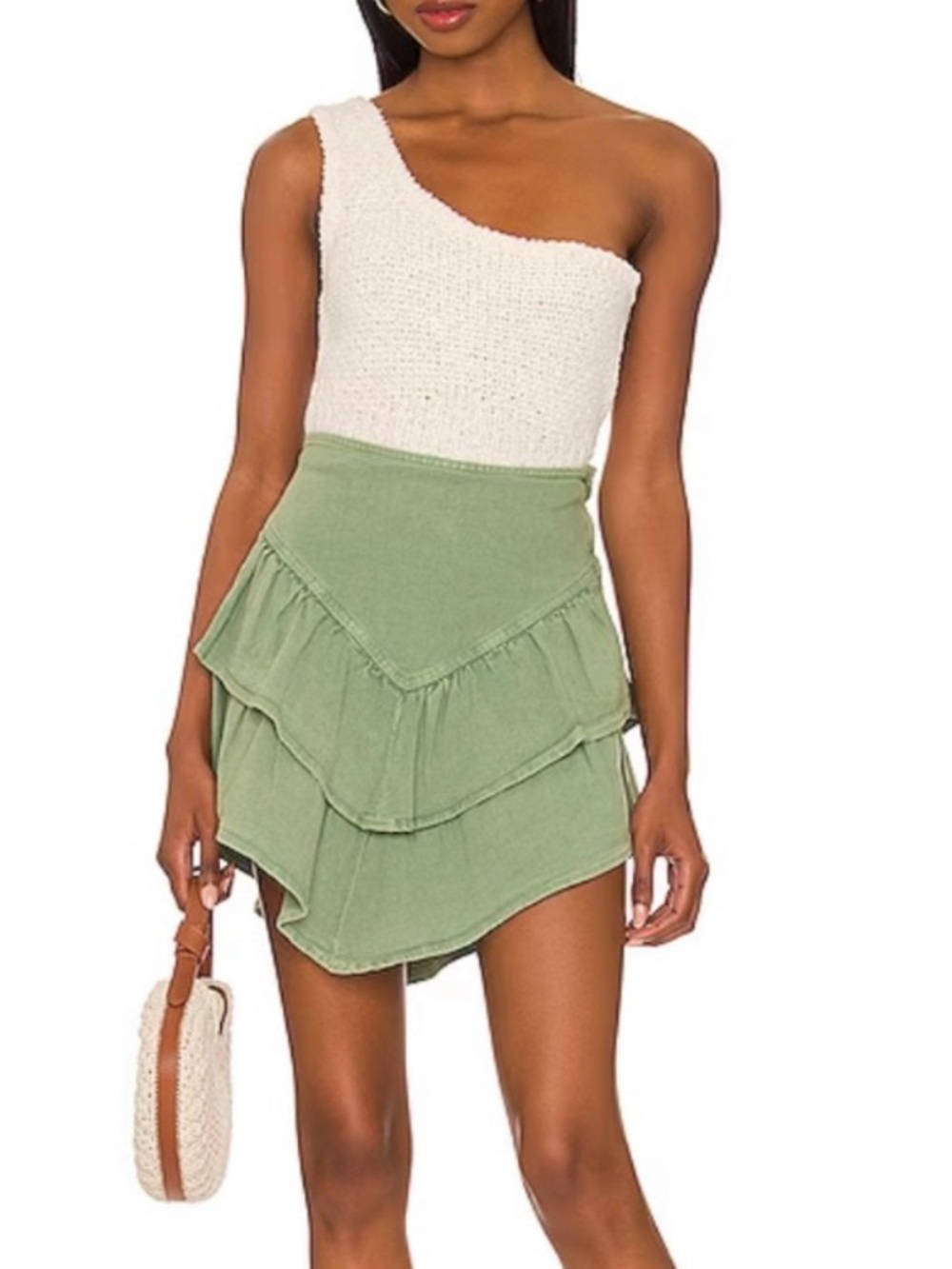 MOTHER The Ruffle Stretch Mini Skirt in Loden Frost Army green  26” EUC